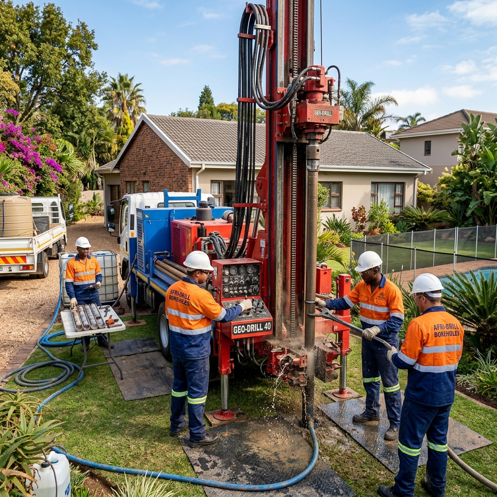 Eco Boreholes team of technicians drilling a water borehole on site