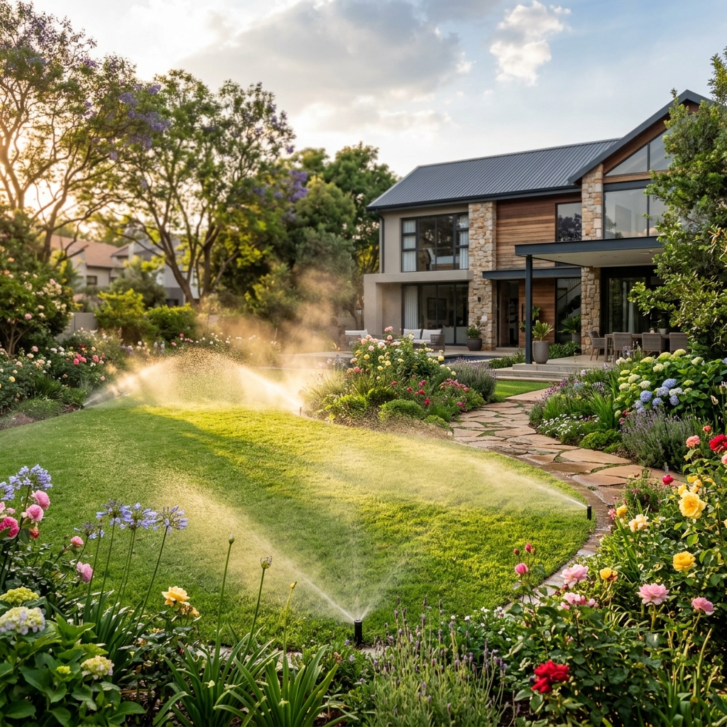 Lush green lawn with pop-up sprinklers operating